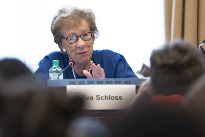 Holocaust survivor Eva Schloss, speaking at International Day in Memory of the Victims of the Holocaust in 2018 ( photo courtesy of  UN Geneva under Creative Commons license)